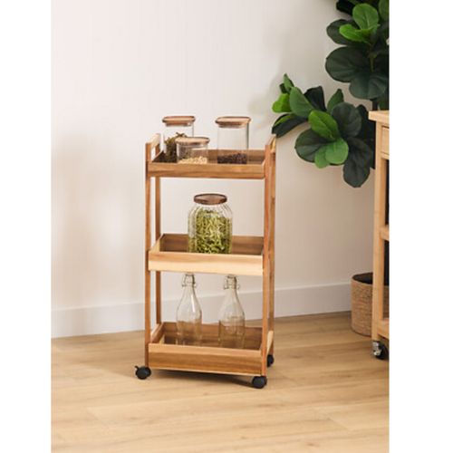 Desserte à Roues 3 Niveaux En Bois D'acacia - Longueur 40 X Largeur 30,5 X Hauteur 84,5 Cm