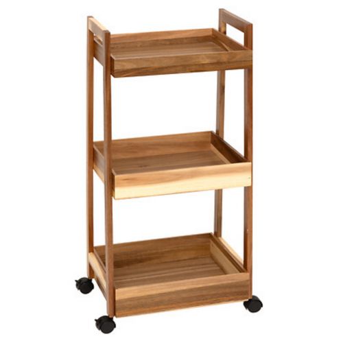 Desserte à Roues 3 Niveaux En Bois D'acacia - Longueur 40 X Largeur 30,5 X Hauteur 84,5 Cm