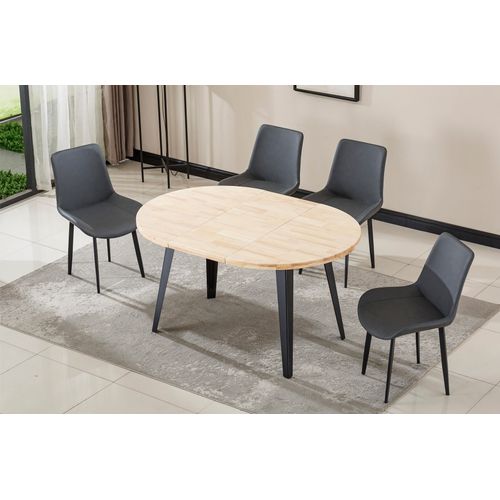 Table à Manger Ronde Extensible Coloris Chêne Nordique, Pieds En Métal Noir
