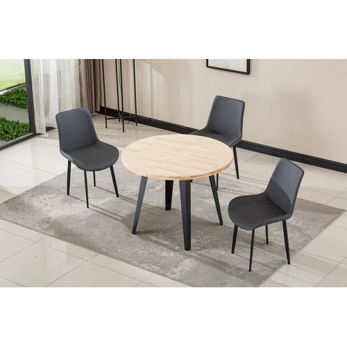 Table à Manger Ronde Extensible Coloris Chêne Nordique, Pieds En Métal Noir