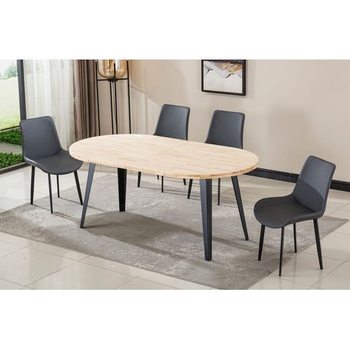 Table à Manger Ronde Extensible Coloris Chêne Nordique, Pieds En Métal Noir