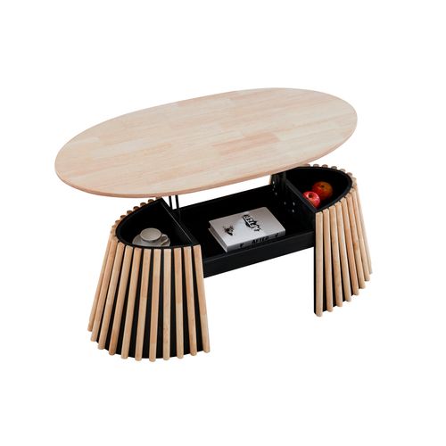 Table Basse Relevable Ovale Coloris Chêne Nordique/noir - L. 120 X P. 60 X H. 45,5 - 60,5 Cm