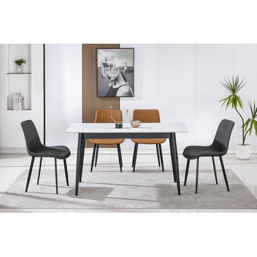 Table à Manger Rectangulaire Coloris Effet Marbre Blanc Et Pieds En Métal Noir