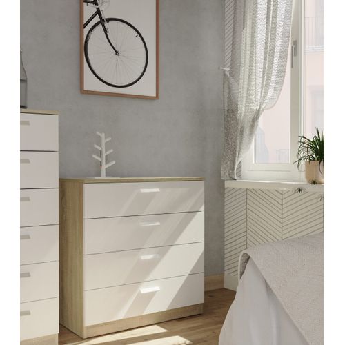 Commode De Rangement De 4 Tiroirs Avec Glissières Métalliques Coloris Blanche Et Chêne Cambrien