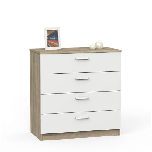 Commode De Rangement De 4 Tiroirs Avec Glissières Métalliques Coloris Blanche Et Chêne Cambrien
