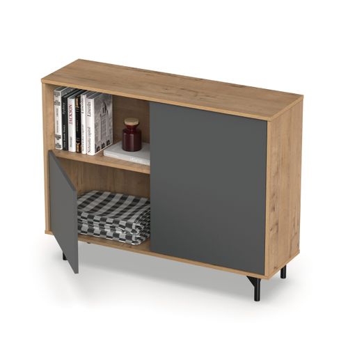 Buffet Commode Meuble De Rangement Coloris Gris/chêne Doré - L. 112 X P. 33 X H. 86 Cm