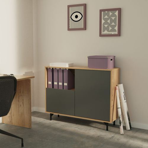 Buffet Commode Meuble De Rangement Coloris Gris/chêne Doré - L. 112 X P. 33 X H. 86 Cm