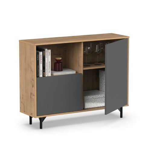 Buffet Commode Meuble De Rangement Coloris Gris/chêne Doré - L. 112 X P. 33 X H. 86 Cm