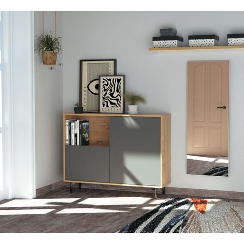 Buffet Commode Meuble De Rangement Coloris Gris/chêne Doré - L. 112 X P. 33 X H. 86 Cm