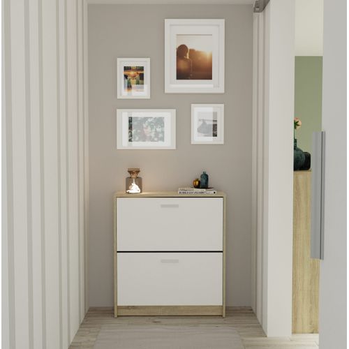 Meuble à Chaussures De 2 Portes, 12 Paires Coloris Blanc/chêne Cambrien - L. 74 X P. 25 X H. 82 Cm