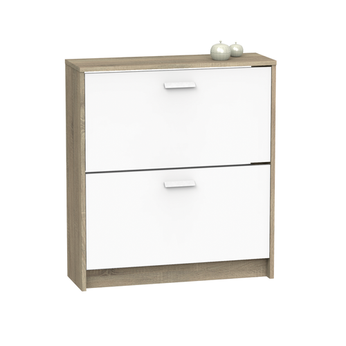 Meuble à Chaussures De 2 Portes, 12 Paires Coloris Blanc/chêne Cambrien - L. 74 X P. 25 X H. 82 Cm