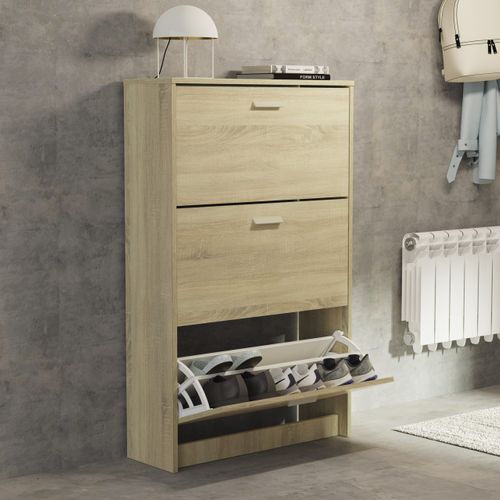 Meuble à Chaussures De 3 Portes, 18 Paires Coloris Chêne Cambrien - L. 74 X P. 25 X H. 119,5 Cm