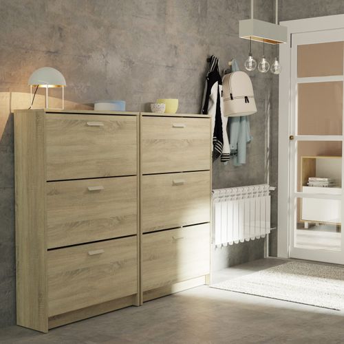 Meuble à Chaussures De 3 Portes, 18 Paires Coloris Chêne Cambrien - L. 74 X P. 25 X H. 119,5 Cm