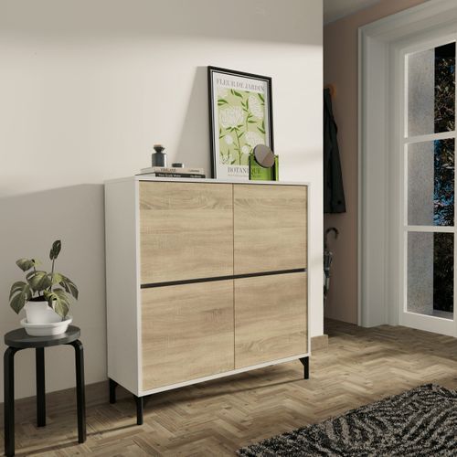 Meuble à Chaussures Meuble D'entrée Avec Pieds, 4 Portes, Coloris Blanc/chêne Cambrien