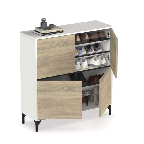 Meuble à Chaussures Meuble D'entrée Avec Pieds, 4 Portes, Coloris Blanc/chêne Cambrien