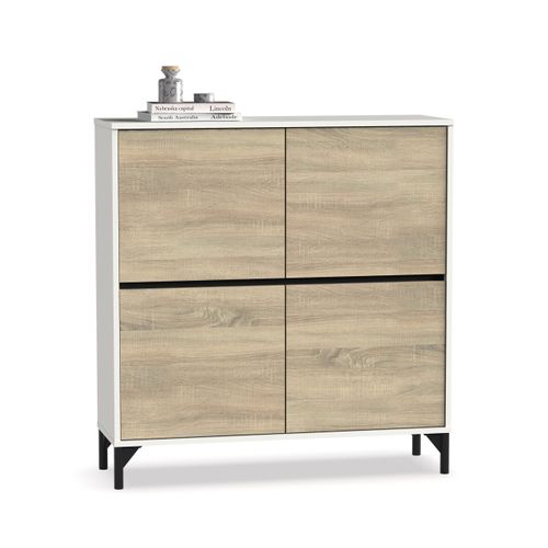 Meuble à Chaussures Meuble D'entrée Avec Pieds, 4 Portes, Coloris Blanc/chêne Cambrien