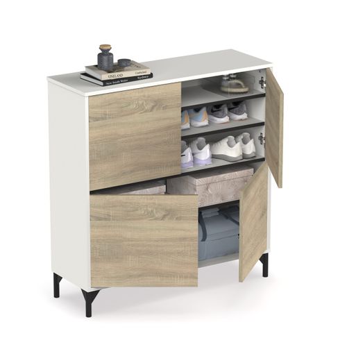 Meuble à Chaussures Meuble D'entrée Avec Pieds, 4 Portes, Coloris Blanc/chêne Cambrien