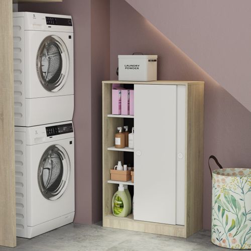 Armoire Auxiliaire Meuble Multi-usages Basse à 2 Portes Coulissantes Coloris Blanc Et Chêne Cambrien