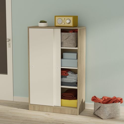 Armoire Auxiliaire Meuble Multi-usages Basse à 2 Portes Coulissantes Coloris Blanc Et Chêne Cambrien