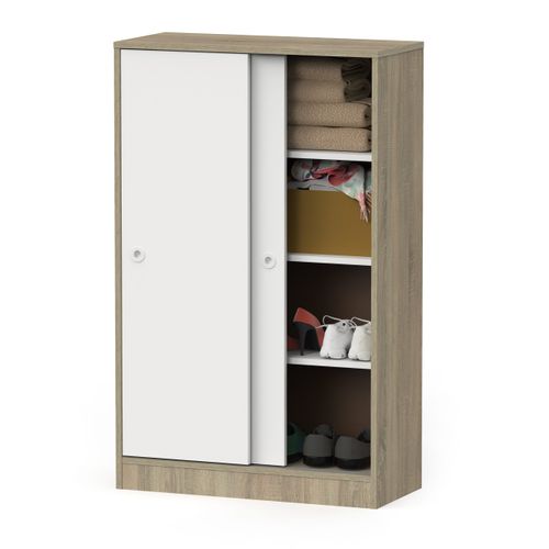 Armoire Auxiliaire Meuble Multi-usages Basse à 2 Portes Coulissantes Coloris Blanc Et Chêne Cambrien