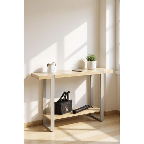 Table Console Meuble D'entrée Coloris Chêne Naturel Et Métal Gris - L. 120 X P. 30 X H. 82 Cm