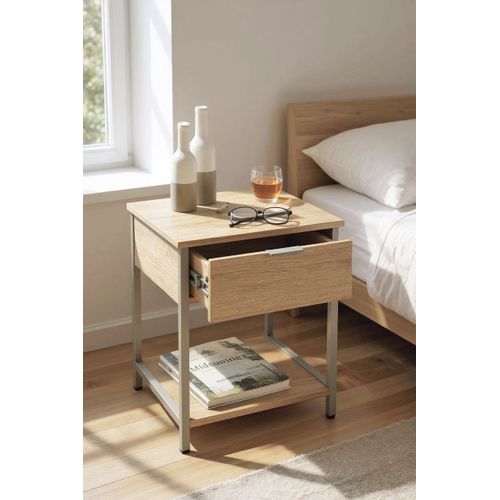 Table De Nuit, Table De Chevet 1 Tiroir Coloris Chêne Naturel Et Métal Gris