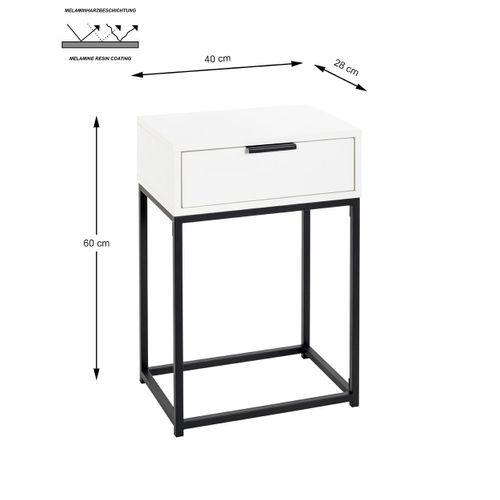 Table De Nuit, Table De Chevet 1 Tiroir Coloris Blanc Métal Noir - L. 40 X P. 28 X H. 60 Cm