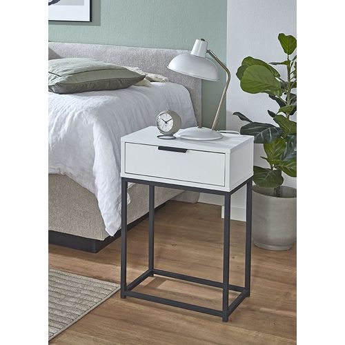 Table De Nuit, Table De Chevet 1 Tiroir Coloris Blanc Métal Noir - L. 40 X P. 28 X H. 60 Cm