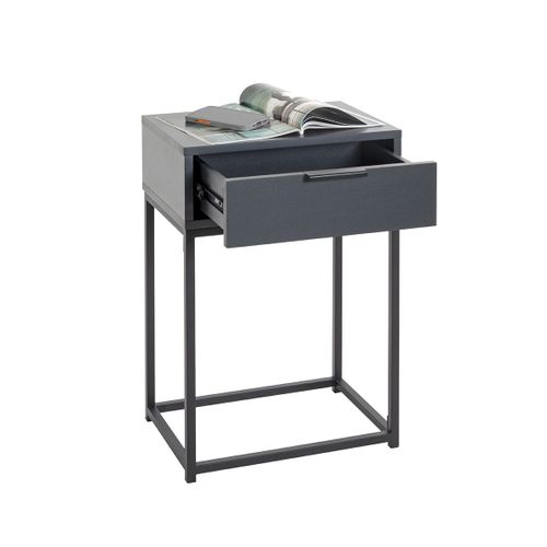 Table De Nuit, Table De Chevet 1 Tiroir Coloris Gris Anthracite Et Métal Noir