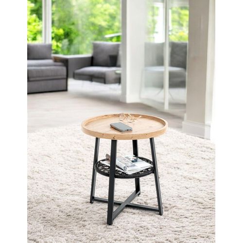 Bout de canapé Ronde Coloris Chêne Et Métal Noir - Diamètre 50 X Hauteur 55 Cm