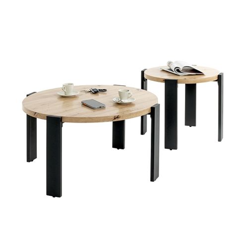 Table Basse Ronde Coloris Chêne Et Métal Noir - Diamètre 75 X Hauteur 42 Cm