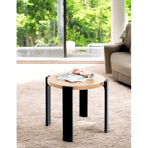 Table Ronde Coloris Chêne Et Métal Noir - Diamètre 50 X Hauteur 46 Cm