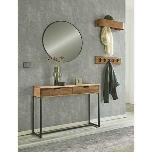 Table Console Meuble D'entrée 2 Tiroirs Coloris Chêne Et Métal Noir - L. 100 X H. 75 X P. 35cm