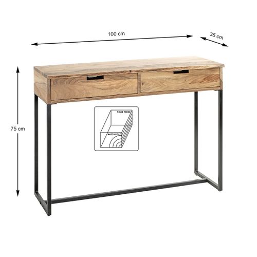 Table Console Meuble D'entrée 2 Tiroirs Coloris Chêne Et Métal Noir - L. 100 X H. 75 X P. 35cm