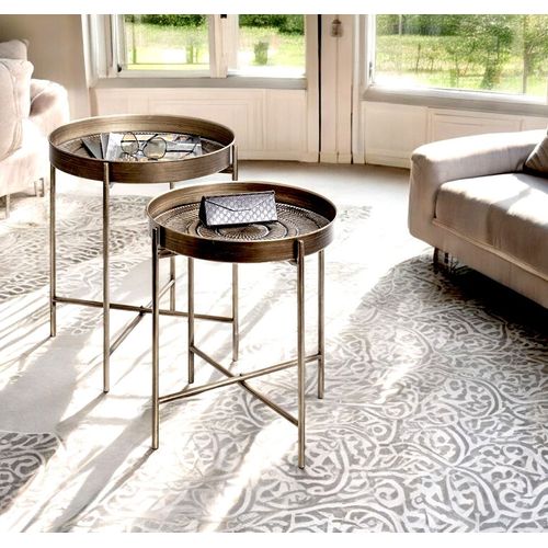 Lot De 2 Bout de canapéAvec Pieds Rabattable En Métal Noir-cuivré Balayé