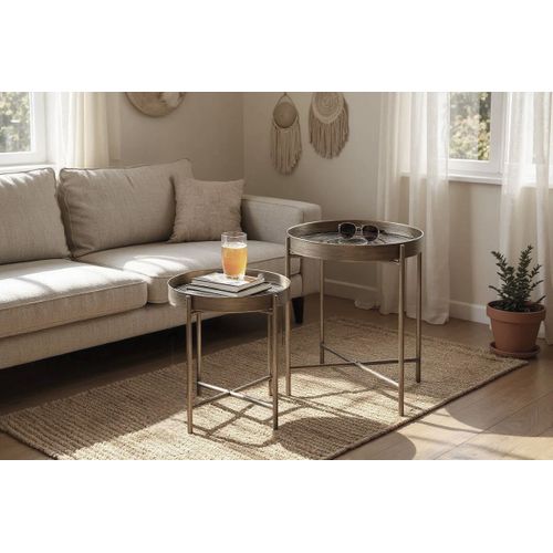 Lot De 2 Bout de canapéAvec Pieds Rabattable En Métal Noir-cuivré Balayé