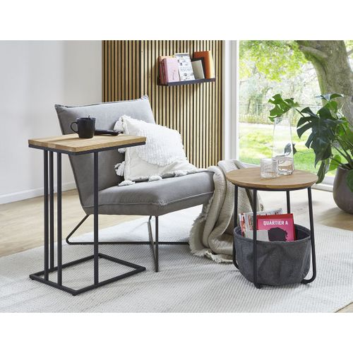 Bout de canapé Ronde Avec Panier De Rangement En Tissu Gris - Diamètre 45 X Hauteur 50cm