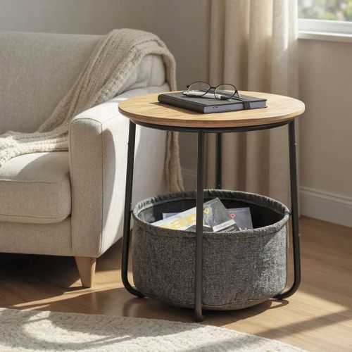 Bout de canapé Ronde Avec Panier De Rangement En Tissu Gris - Diamètre 45 X Hauteur 50cm