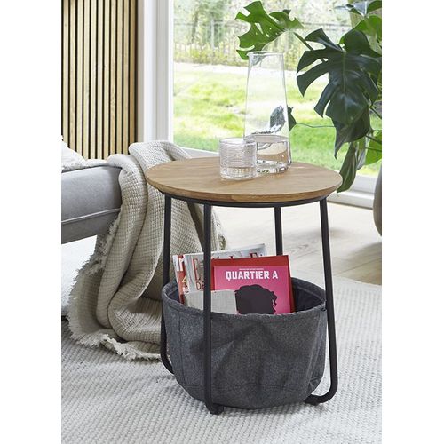 Bout de canapé Ronde Avec Panier De Rangement En Tissu Gris - Diamètre 45 X Hauteur 50cm