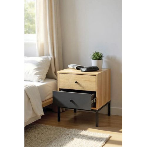Table De Nuit Table De Chevet 2 Tiroirs Coloris Chêne/gris Et Pieds En Métal Noir