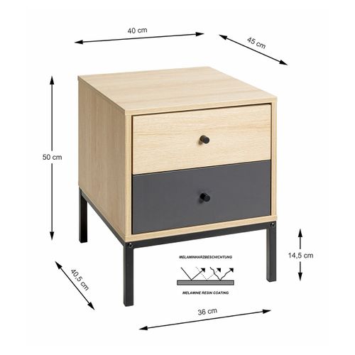 Table De Nuit Table De Chevet 2 Tiroirs Coloris Chêne/gris Et Pieds En Métal Noir