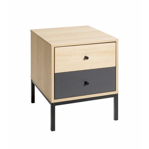 Table De Nuit Table De Chevet 2 Tiroirs Coloris Chêne/gris Et Pieds En Métal Noir