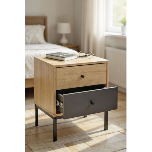 Table De Nuit Table De Chevet 2 Tiroirs Coloris Chêne/gris Et Pieds En Métal Noir