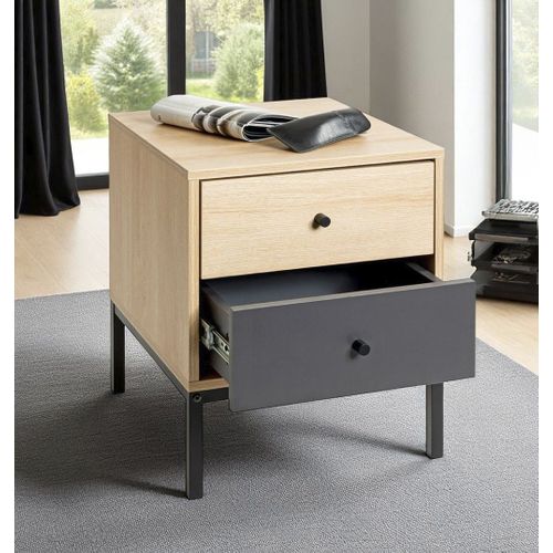 Table De Nuit Table De Chevet 2 Tiroirs Coloris Chêne/gris Et Pieds En Métal Noir