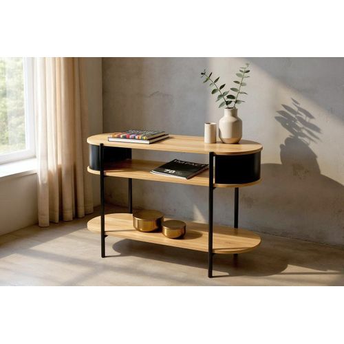 Table Console Meuble Salon Coloris Chêne/noir - Longueur 110 X Hauteur 76 X Profondeur 39 Cm
