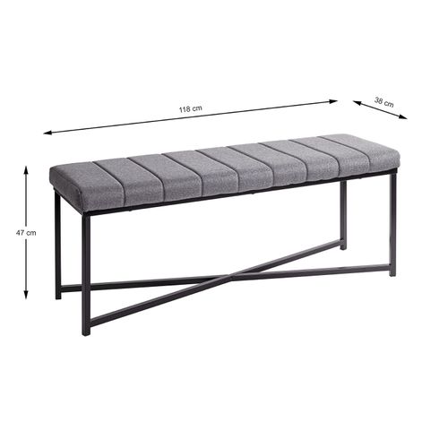 Banc Avec Siège Rembouré Gris Et Cadre En Métal Noir - Longueur 118 X Hauteur 47 X Profondeur 38cm