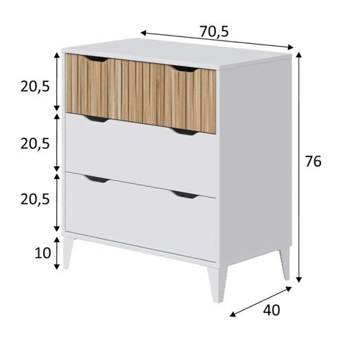 Commode Meuble De Rangement Avec 3 Tiroirs Coloris Blanc/chêne - L. 70,5 X P. 40 X H. 76 Cm