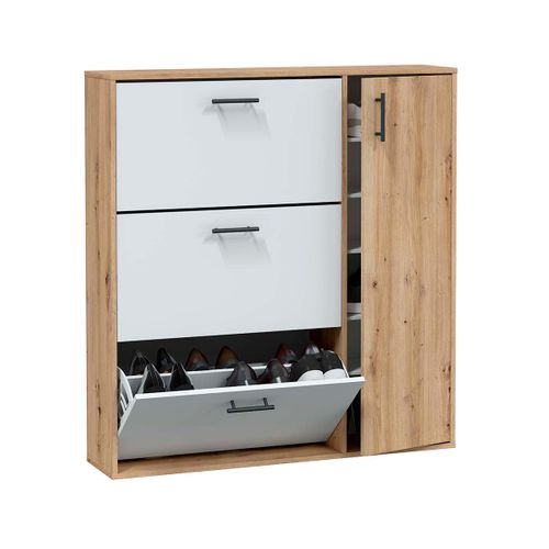 Meuble à Chaussures Avec 1 Porte Et 3 Abattants Coloris Blanc/chêne - L. 112 X H. 105 X P. 24 Cm