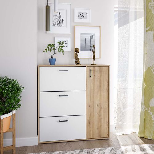 Meuble à Chaussures Avec 1 Porte Et 3 Abattants Coloris Blanc/chêne - L. 112 X H. 105 X P. 24 Cm