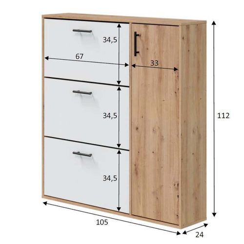 Meuble à Chaussures Avec 1 Porte Et 3 Abattants Coloris Blanc/chêne - L. 112 X H. 105 X P. 24 Cm